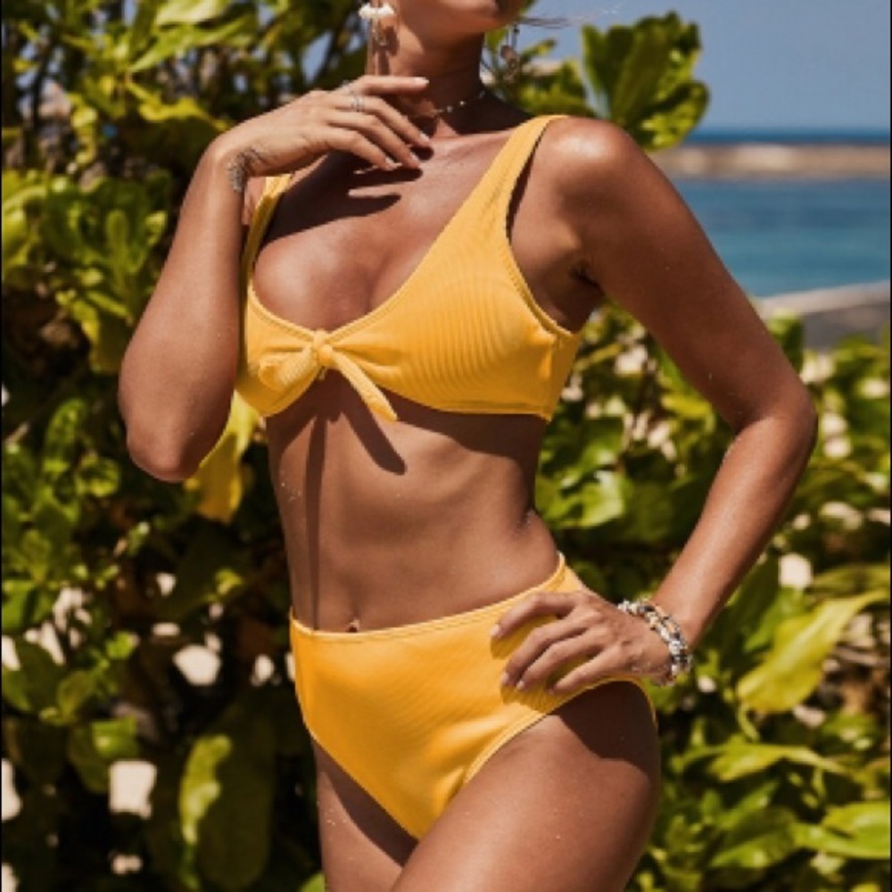 Summer Clearance: Yellow ribbed tie front Bikini